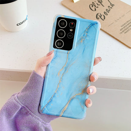 For Samsung Galaxy S21 Ultra 5G Four Corners Anti-Shattering Flow Gold Marble IMD Phone Back Cover Case(Sky Blue LD8)-garmade.com