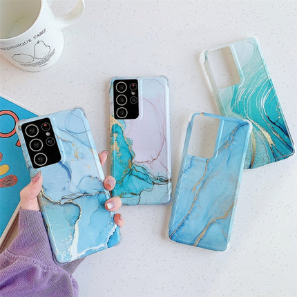 For Samsung Galaxy S21 Ultra 5G Four Corners Anti-Shattering Flow Gold Marble IMD Phone Back Cover Case(Sky Blue LD8)-garmade.com