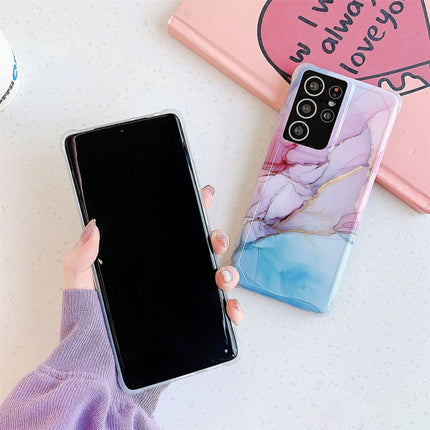 For Samsung Galaxy S21 Ultra 5G Four Corners Anti-Shattering Flow Gold Marble IMD Phone Back Cover Case(Pink Blue LD5)-garmade.com