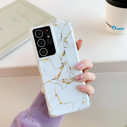 For Samsung Galaxy S21 Plus 5G Four Corners Anti-Shattering Flow Gold Marble IMD Phone Back Cover Case(White)-garmade.com