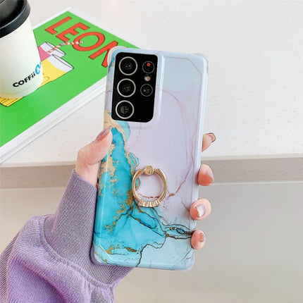 Four Corners Anti-Shattering Gold Marble IMD Phone Case with Metal Rhinestone Ring Holder For Samsung Galaxy S21 Plus 5G(Pink Blue LQ5)-garmade.com