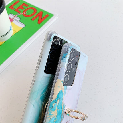 Four Corners Anti-Shattering Gold Marble IMD Phone Case with Metal Rhinestone Ring Holder For Samsung Galaxy S21 Plus 5G(Light Blue LQ6)-garmade.com