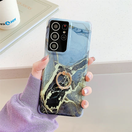 Four Corners Anti-Shattering Gold Marble IMD Phone Case with Metal Rhinestone Ring Holder For Samsung Galaxy S21 Ultra 5G(Black LQ1)-garmade.com