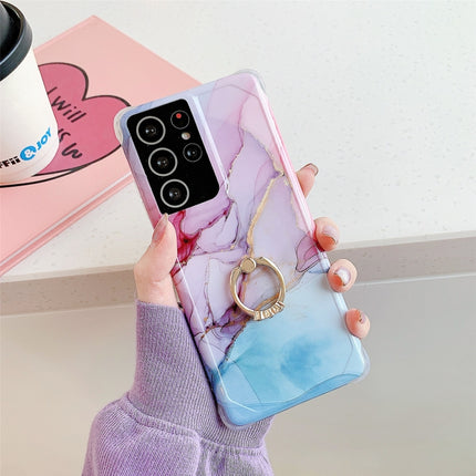 Four Corners Anti-Shattering Gold Marble IMD Phone Case with Metal Rhinestone Ring Holder For Samsung Galaxy S21 Ultra 5G(Purple Blue LQ3)-garmade.com