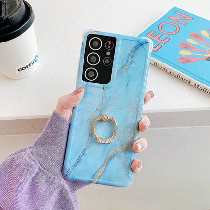 Four Corners Anti-Shattering Gold Marble IMD Phone Case with Metal Rhinestone Ring Holder For Samsung Galaxy S21 Ultra 5G(Sky Blue LQ8)-garmade.com