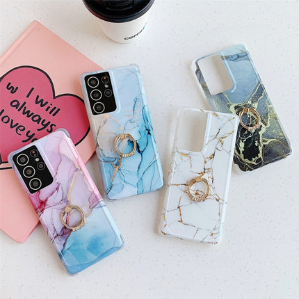 Four Corners Anti-Shattering Gold Marble IMD Phone Case with Metal Rhinestone Ring Holder For Samsung Galaxy S21 Ultra 5G(Sky Blue LQ8)-garmade.com