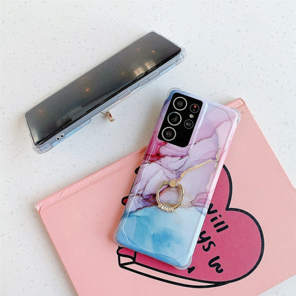 Four Corners Anti-Shattering Gold Marble IMD Phone Case with Metal Rhinestone Ring Holder For Samsung Galaxy S21 Ultra 5G(Pink Blue LQ5)-garmade.com