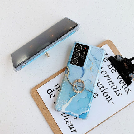 Four Corners Anti-Shattering Gold Marble IMD Phone Case with Metal Rhinestone Ring Holder For Samsung Galaxy S21 Ultra 5G(Light Blue LQ6)-garmade.com