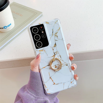 Four Corners Anti-Shattering Gold Marble IMD Phone Case with Metal Rhinestone Ring Holder For Samsung Galaxy S21 5G(White LQ2)-garmade.com