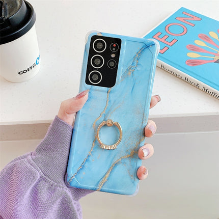 Four Corners Anti-Shattering Gold Marble IMD Phone Case with Metal Rhinestone Ring Holder For Samsung Galaxy S21 5G(Sky Blue LQ8)-garmade.com