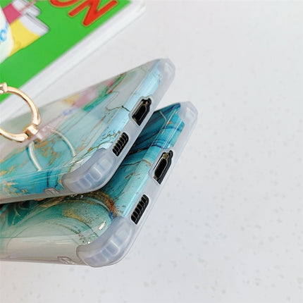 Four Corners Anti-Shattering Gold Marble IMD Phone Case with Metal Rhinestone Ring Holder For Samsung Galaxy S21 5G(Light Blue LQ6)-garmade.com