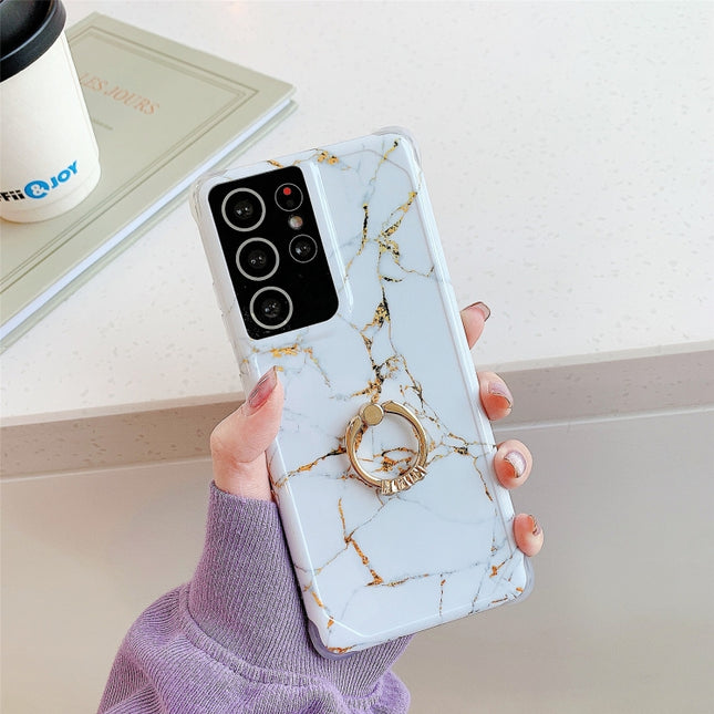 Four Corners Anti-Shattering Gold Marble IMD Phone Case with Metal Rhinestone Ring Holder For Samsung Galaxy Note20 Ultra(White LQ2)-garmade.com