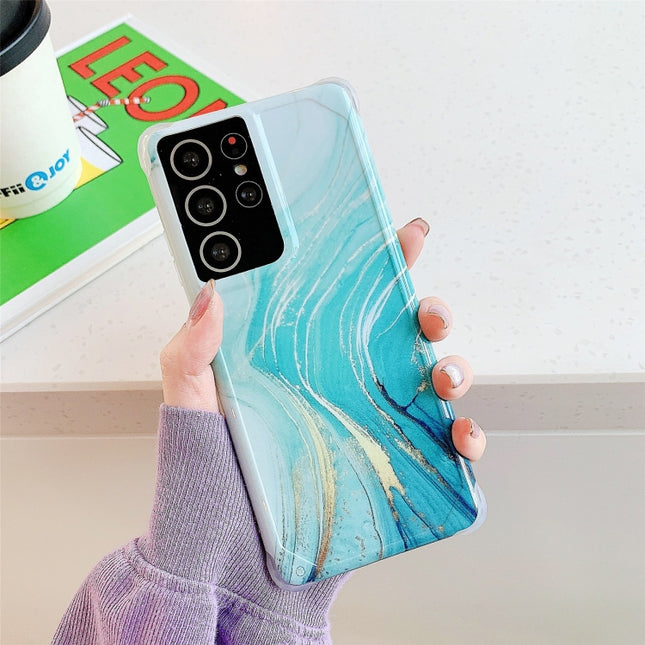 Four Corners Anti-Shattering Flow Gold Marble IMD Phone Back Cover Case For Samsung Galaxy Note20 Ultra(Green DL7)-garmade.com