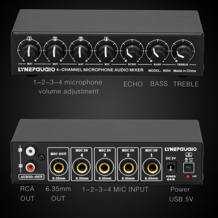 B054 4-Channel Microphone Mixer Support Stereo Output With Reverb Treble And Bass Adjustment, USB 5V Power Supply, US Plug-garmade.com