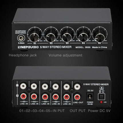 B055 5-Channel Active Stereo Mixer Multi-Channel Mixer with Independent Volume Adjustment & USB 5V Power Output & Headphone Monitoring, US Plug-garmade.com