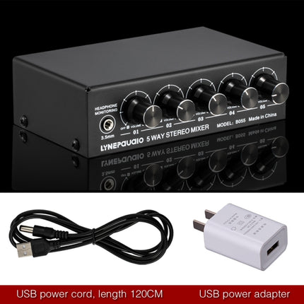 B055 5-Channel Active Stereo Mixer Multi-Channel Mixer with Independent Volume Adjustment & USB 5V Power Output & Headphone Monitoring, US Plug-garmade.com