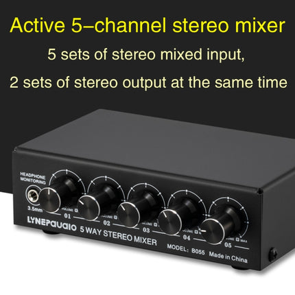 B055 5-Channel Active Stereo Mixer Multi-Channel Mixer with Independent Volume Adjustment & USB 5V Power Output & Headphone Monitoring, US Plug-garmade.com