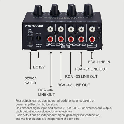 1-In 4-Out Front Stereo Signal Amplifier, Independent Output Volume Adjustment RCA Interface No Loss Allocator, US Plug-garmade.com