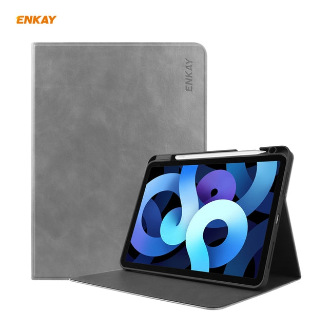 ENKAY ENK-8024 Cow Texture PU Leather + TPU Smart Case with Pen Slot foriPad Air 2022 / 2020 10.9 / iPad Pro 11 (2018)(Grey)-garmade.com