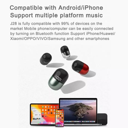J28 TWS Wireless Bluetooth Earphones LED Digital Display HIFI Music Sport Earphone(Green)-garmade.com