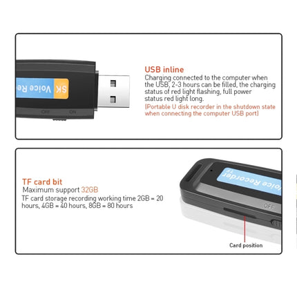 SK001 Professional Rechargeable U-Disk Portable USB Digital Audio Voice Recorder Pen Support TF Card Up to 32GB Dictaphone Flash Drive(Black)-garmade.com