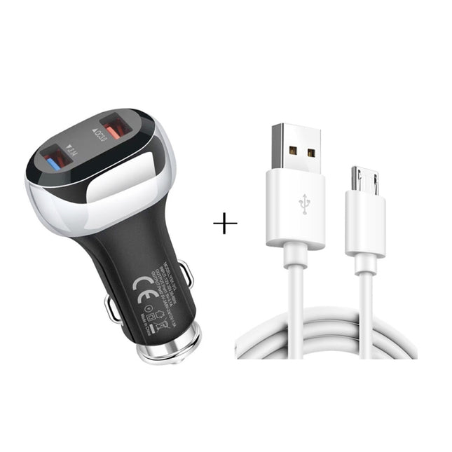 YSY-312 2 in 1 18W Portable QC3.0 Dual USB Car Charger + 1m 3A USB to Micro USB Data Cable Set(Black)-garmade.com