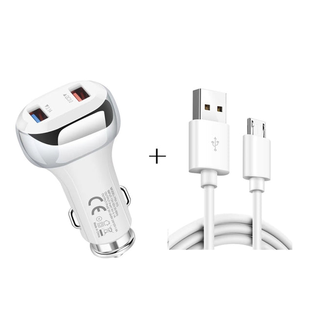 YSY-312 2 in 1 18W Portable QC3.0 Dual USB Car Charger + 1m 3A USB to Micro USB Data Cable Set(White)-garmade.com