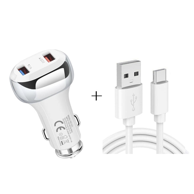 YSY-312 2 in 1 18W Portable QC3.0 Dual USB Car Charger + 1m 3A USB to USB-C / Type-C Data Cable Set(White)-garmade.com