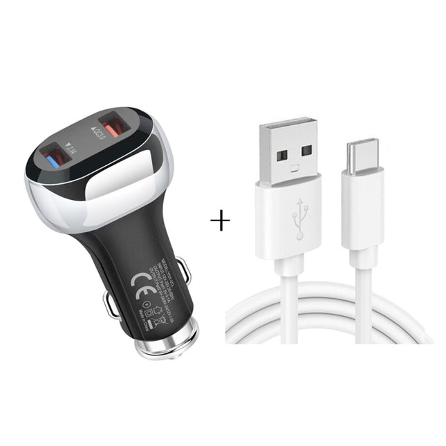 YSY-312 2 in 1 18W Portable QC3.0 Dual USB Car Charger + 1m 3A USB to USB-C / Type-C Data Cable Set(Black)-garmade.com