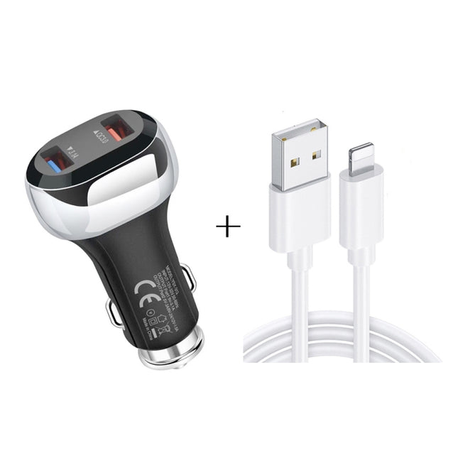 YSY-312 2 in 1 18W Portable QC3.0 Dual USB Car Charger + 1m 3A USB to 8 Pin Data Cable Set(Black)-garmade.com