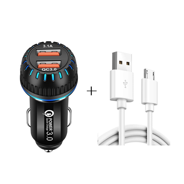YSY-349 QC3.0 Dual USB Port Car Charger + 1m 3A USB to Micro USB Data Cable(Black)-garmade.com
