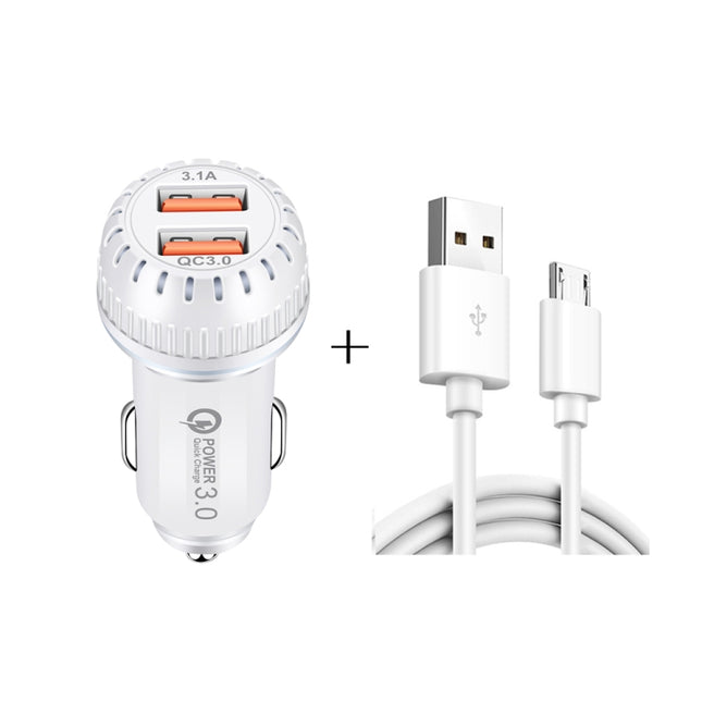YSY-349 QC3.0 Dual USB Port Car Charger + 1m 3A USB to Micro USB Data Cable(White)-garmade.com