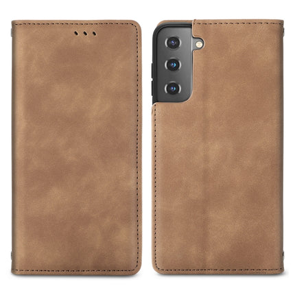 For Samsung Galaxy S21 Retro Skin Feel Business Magnetic Horizontal Flip Leather Case with Holder & Card Slots & Wallet & Photo Frame(Brown)-garmade.com