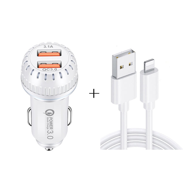 YSY-349 QC3.0 Dual Port USB Car Charger + 3A USB to 8 Pin Data Cable, Length: 1m(White)-garmade.com