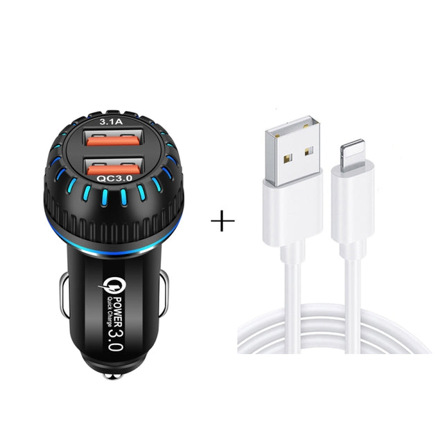 YSY-349 QC3.0 Dual Port USB Car Charger + 3A USB to 8 Pin Data Cable, Length: 1m(Black)-garmade.com