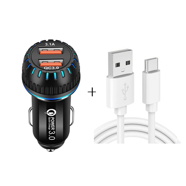 YSY-349 QC3.0 Dual Port USB Car Charger + 3A USB to USB-C / Type-C Data Cable, Length: 1m(Black)-garmade.com