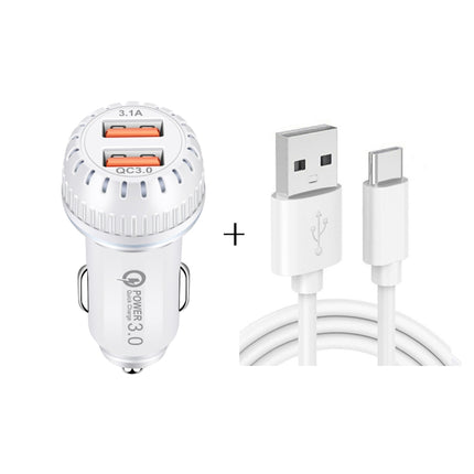 YSY-349 QC3.0 Dual Port USB Car Charger + 3A USB to USB-C / Type-C Data Cable, Length: 1m(White)-garmade.com