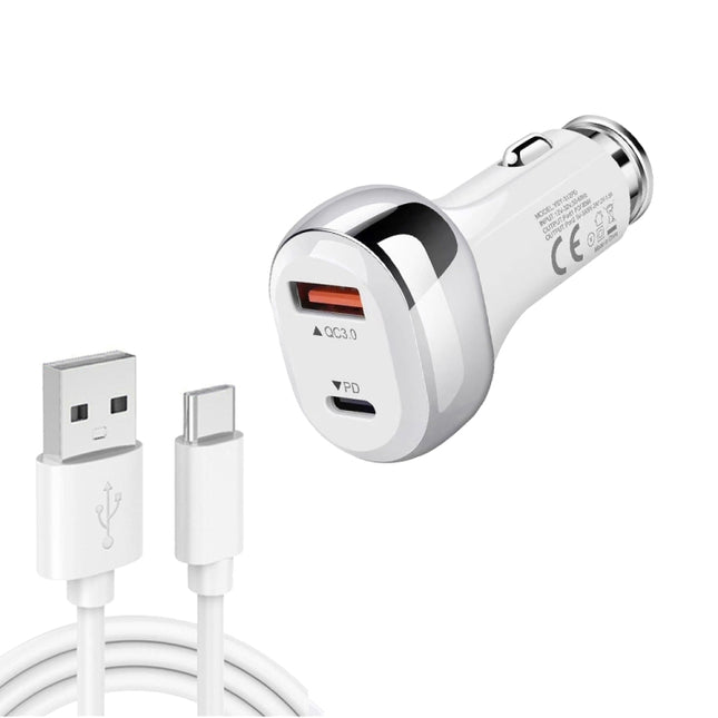YSY-312PD QC3.0 18W USB + PD 20W USB-C / Type-C Car Charger with USB to USB-C / Type-C Data Cable(White)-garmade.com