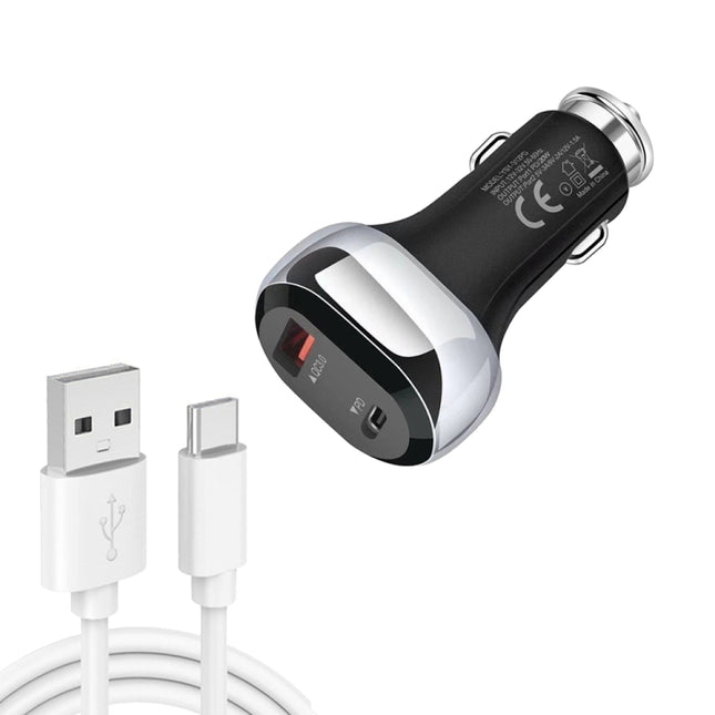 YSY-312PD QC3.0 18W USB + PD 20W USB-C / Type-C Car Charger with USB to USB-C / Type-C Data Cable(Black)-garmade.com