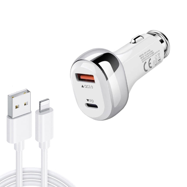 YSY-312PD QC3.0 18W USB + PD 20W USB-C / Type-C Car Charger with USB to 8 Pin Data Cable(White)-garmade.com