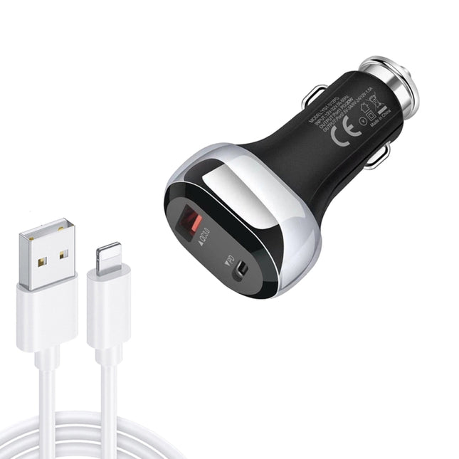 YSY-312PD QC3.0 18W USB + PD 20W USB-C / Type-C Car Charger with USB to 8 Pin Data Cable(Black)-garmade.com