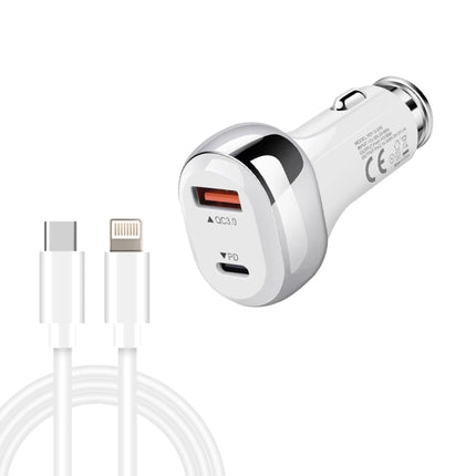 YSY-312PD QC3.0 18W USB + PD 20W USB-C / Type-C Car Charger with Type-C to 8 Pin Data Cable(White)-garmade.com