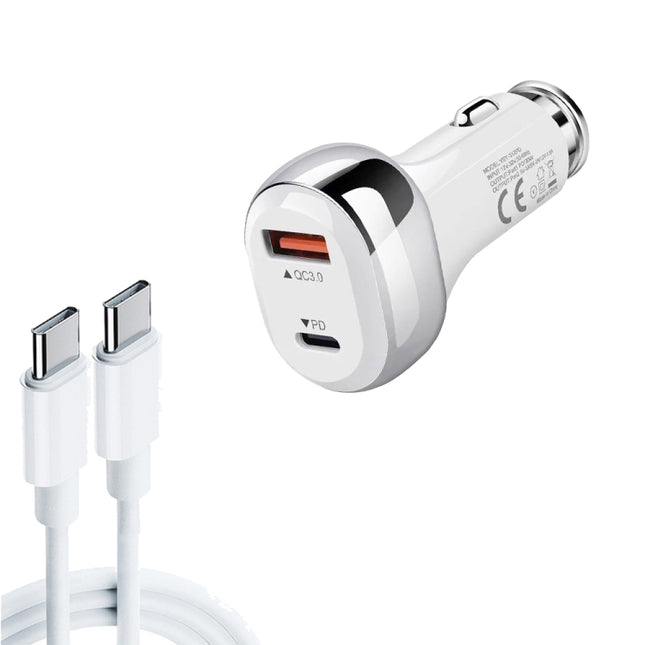 YSY-312PD QC3.0 18W USB + PD 20W USB-C / Type-C Car Charger with Type-C to Type-C Data Cable(White)-garmade.com