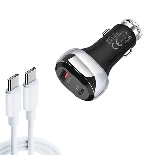YSY-312PD QC3.0 18W USB + PD 20W USB-C / Type-C Car Charger with Type-C to Type-C Data Cable(Black)-garmade.com