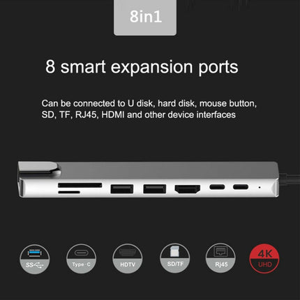 Aluminum Alloy 8 in 1 Multi HD USB 3.0 USB-C Hub Adapter Charging SD PD and TF RJ45 Card Reader Adapter for MacBook Pro Air-garmade.com