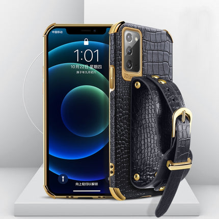For Samsung Galaxy Note20 Electroplated TPU Crocodile Pattern Leather Case with Wrist Strap(Black)-garmade.com