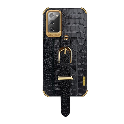 For Samsung Galaxy Note20 Electroplated TPU Crocodile Pattern Leather Case with Wrist Strap(Black)-garmade.com