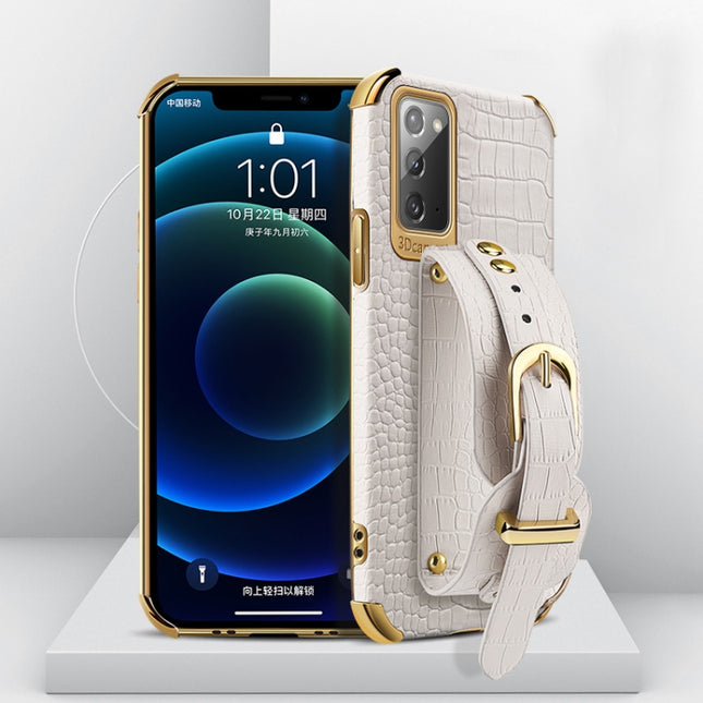For Samsung Galaxy Note20 Electroplated TPU Crocodile Pattern Leather Case with Wrist Strap(White)-garmade.com