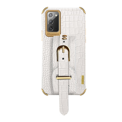 For Samsung Galaxy Note20 Electroplated TPU Crocodile Pattern Leather Case with Wrist Strap(White)-garmade.com