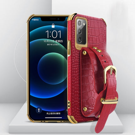 For Samsung Galaxy Note20 Electroplated TPU Crocodile Pattern Leather Case with Wrist Strap(Red)-garmade.com